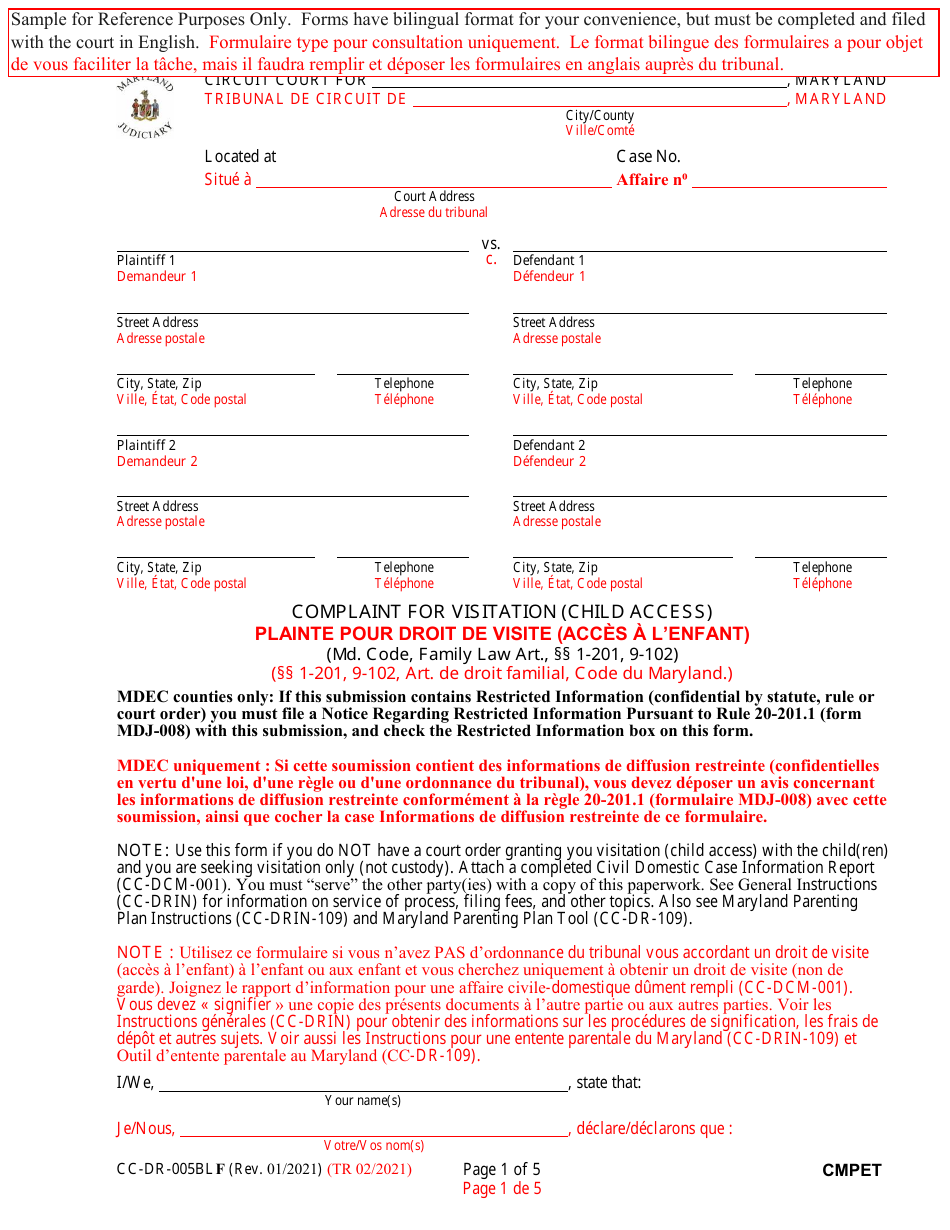 Form CC-DR-005BLF Complaint for Visitation (Child Access) - Maryland (English / French), Page 1