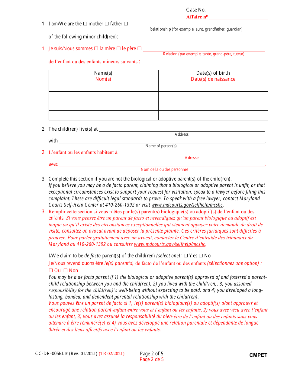 Form CC-DR-005BLF Complaint for Visitation (Child Access) - Maryland (English / French), Page 2