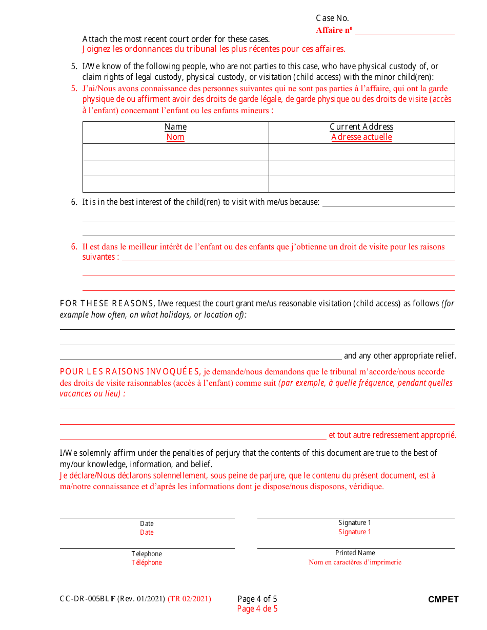 Form CC-DR-005BLF Complaint for Visitation (Child Access) - Maryland (English / French), Page 4
