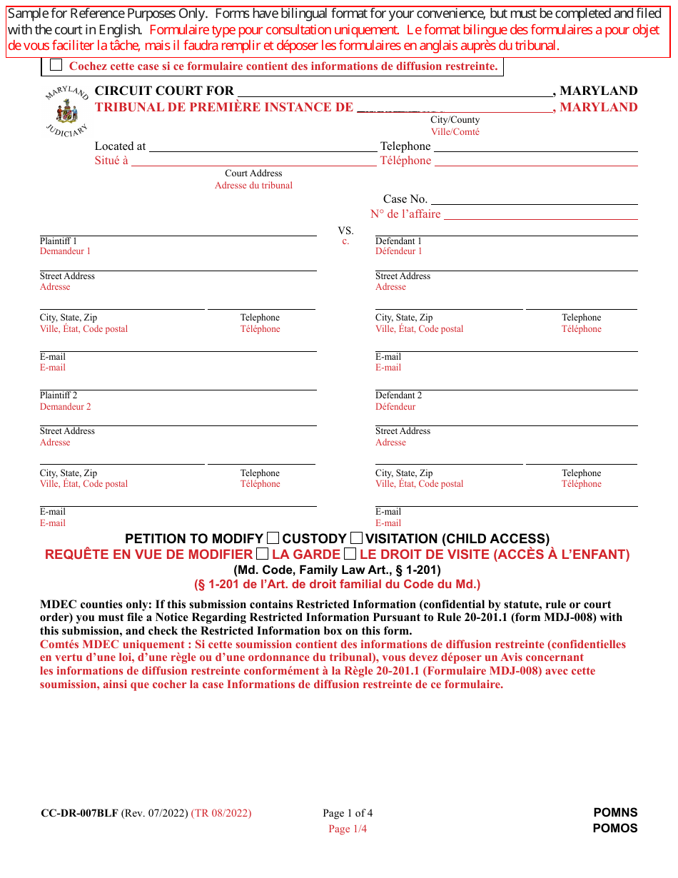 Form CC-DR-007BLF Petition to Modify Custody / Visitation (Child Access) - Maryland (English / French), Page 1