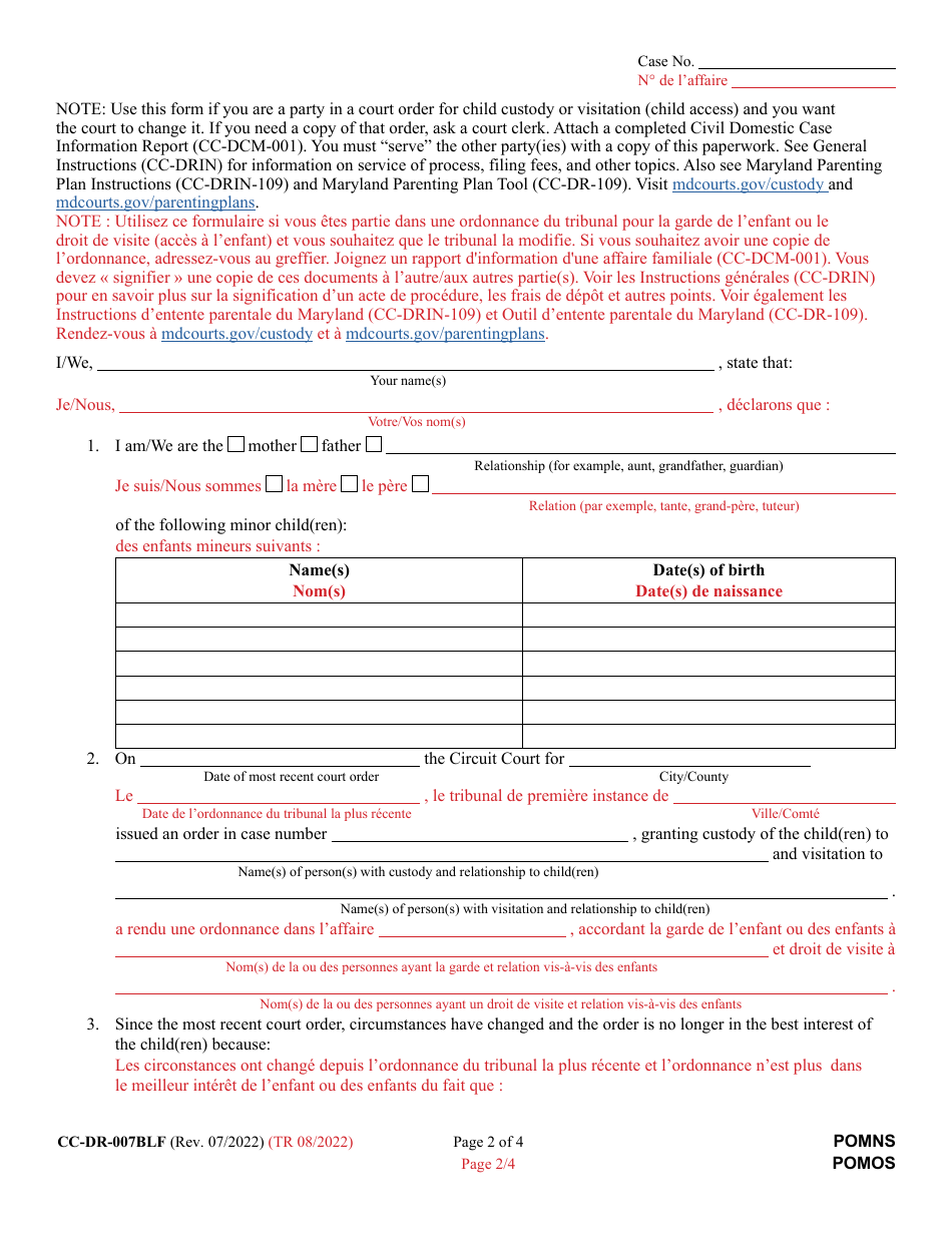Form CC-DR-007BLF Petition to Modify Custody / Visitation (Child Access) - Maryland (English / French), Page 2