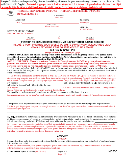Form CC-DC-053BLF Petition to Seal or Otherwise Limit Inspection of a Case Record - Maryland (English/French)