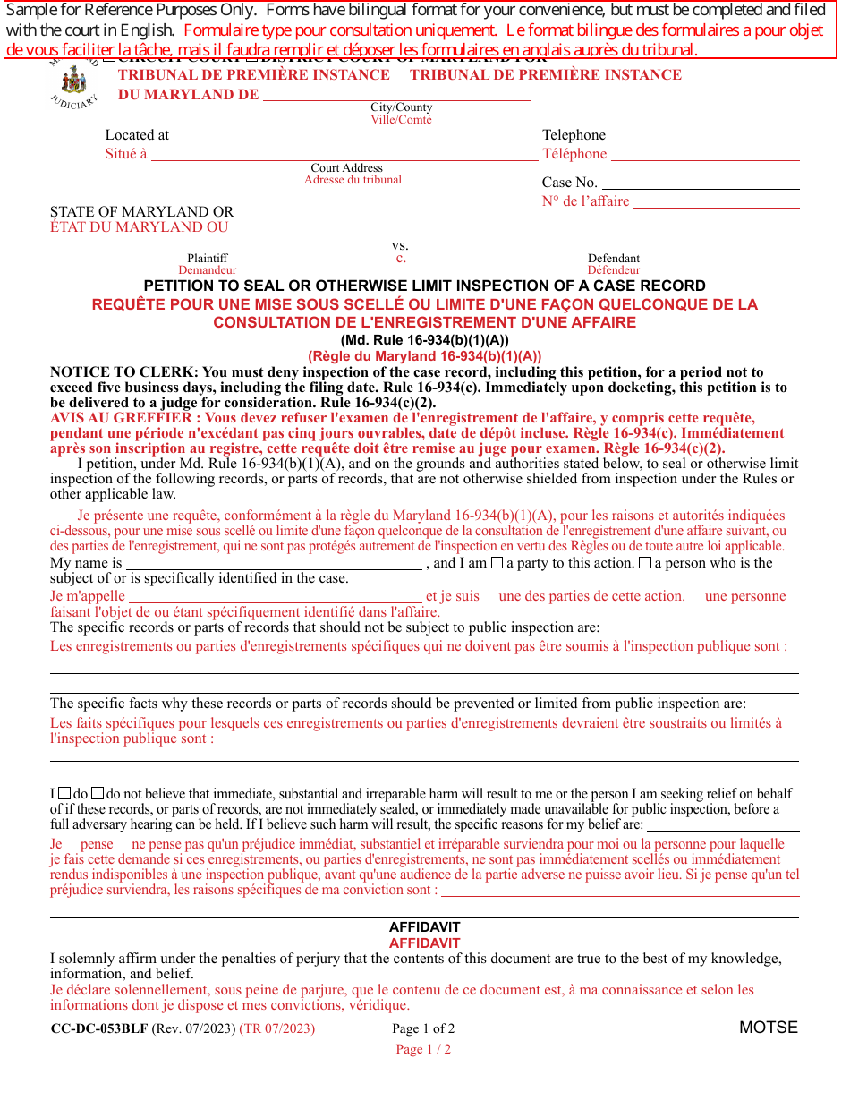 Form CC-DC-053BLF Petition to Seal or Otherwise Limit Inspection of a Case Record - Maryland (English / French), Page 1