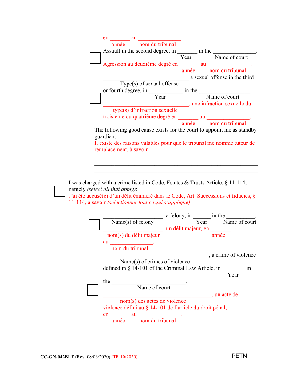 Form CC-GN-042BLF Petition by Standby Guardian (Judicial Appointment) - Maryland (English / French), Page 10