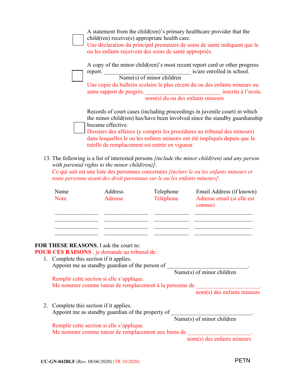 Form CC-GN-042BLF Petition by Standby Guardian (Judicial Appointment) - Maryland (English / French), Page 12