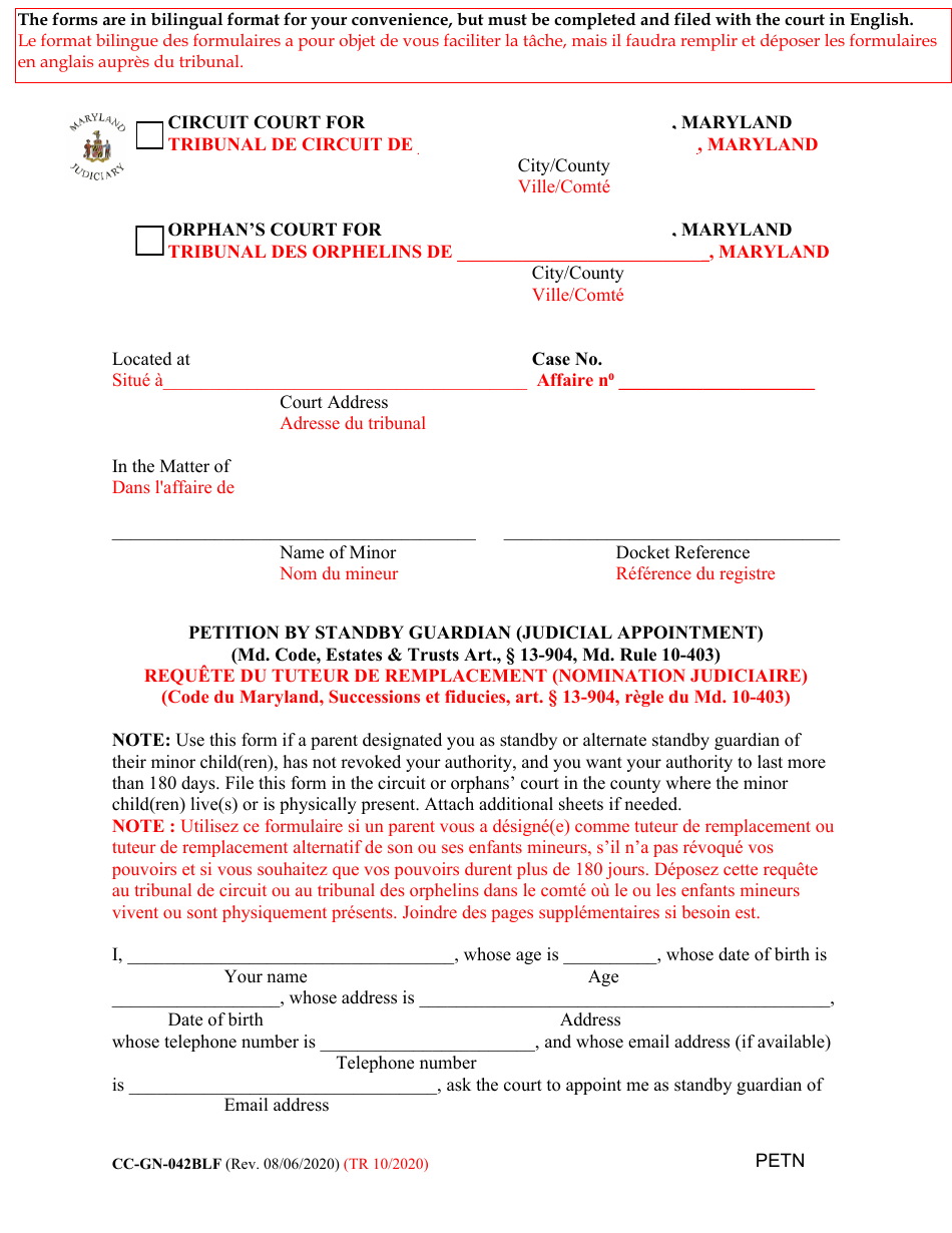 Form CC-GN-042BLF Petition by Standby Guardian (Judicial Appointment) - Maryland (English / French), Page 1