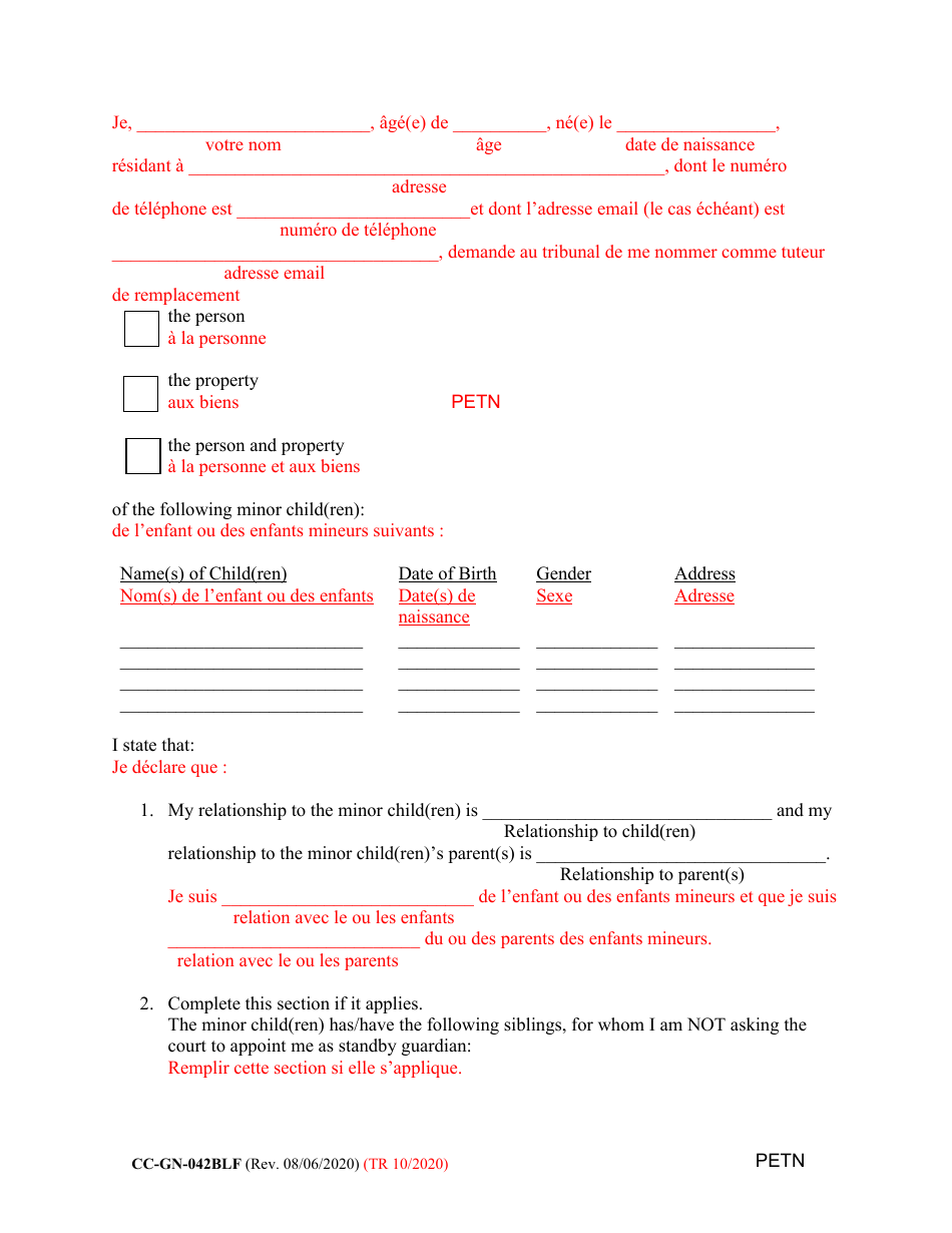 Form CC-GN-042BLF Petition by Standby Guardian (Judicial Appointment) - Maryland (English / French), Page 2