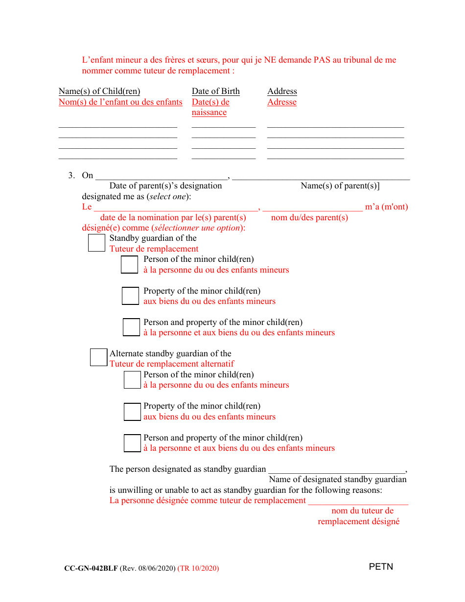 Form CC-GN-042BLF Petition by Standby Guardian (Judicial Appointment) - Maryland (English / French), Page 3