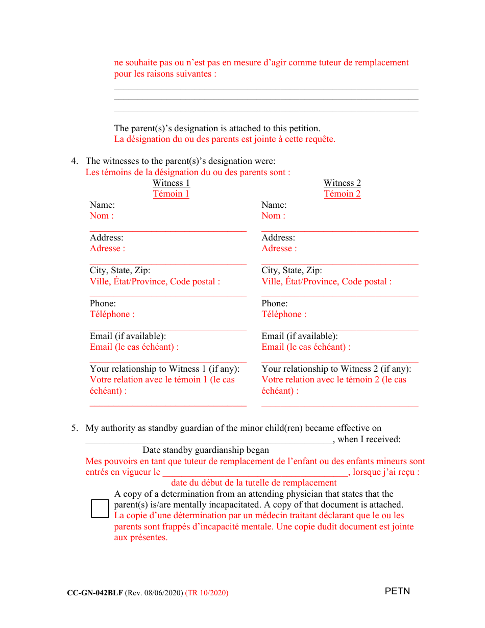 Form CC-GN-042BLF Petition by Standby Guardian (Judicial Appointment) - Maryland (English / French), Page 4