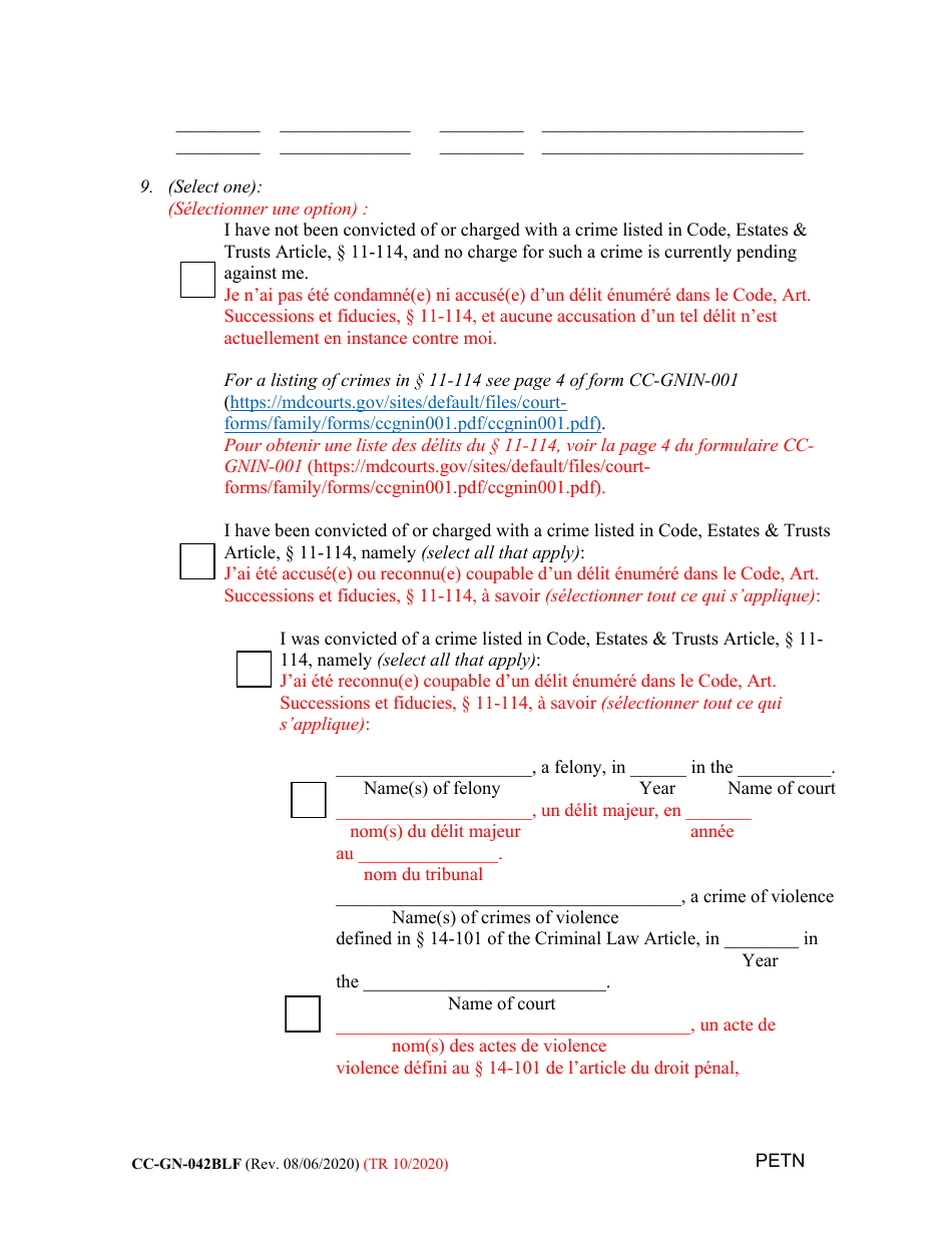 Form CC-GN-042BLF Petition by Standby Guardian (Judicial Appointment) - Maryland (English / French), Page 9