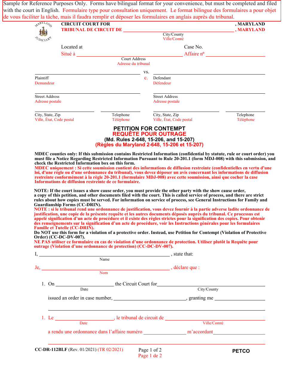 Form CC-DR-112BLF Petition for Contempt - Maryland (English / French), Page 1