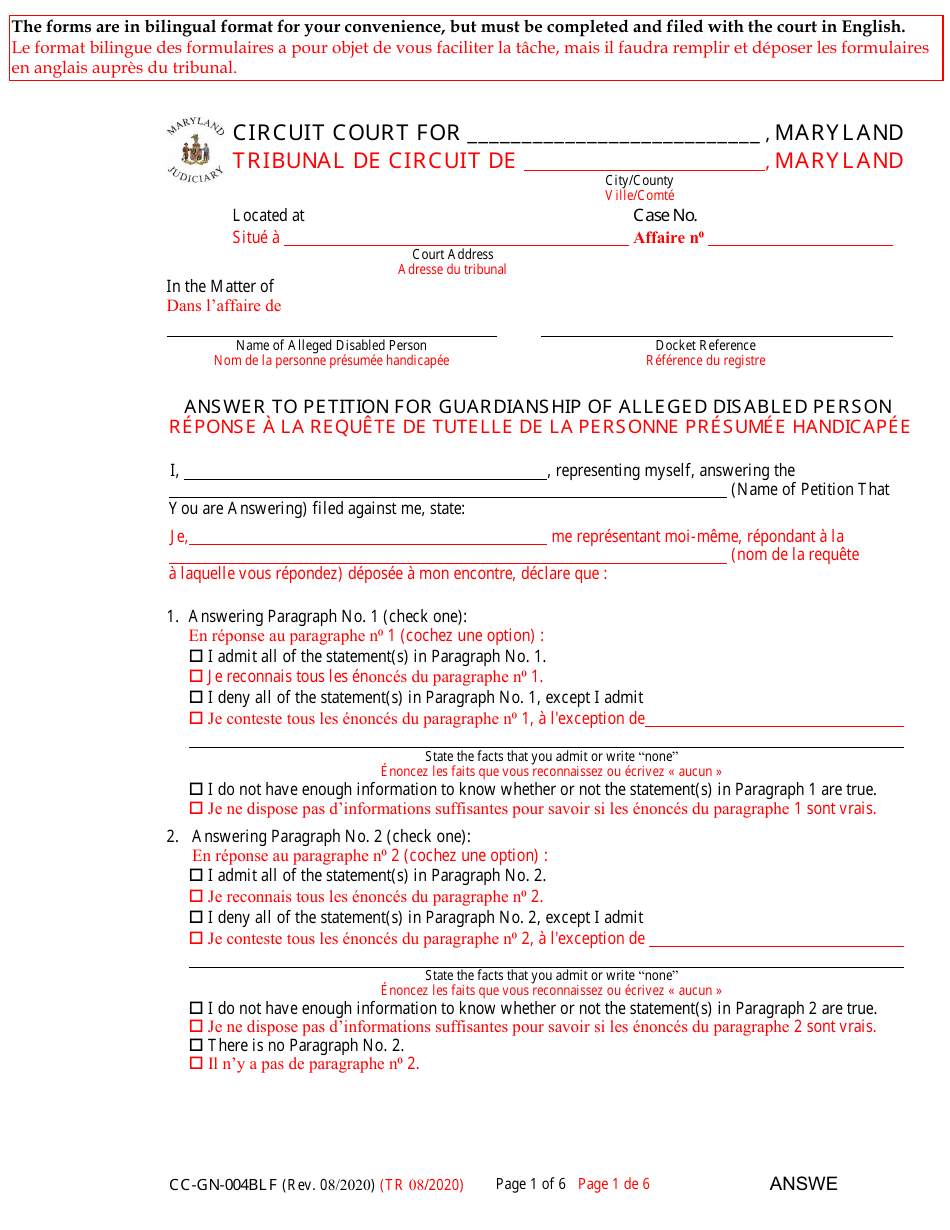Form CC-GN-004BLF Answer to Petition for Guardianship of Alleged Disabled Person - Maryland (English / French), Page 1