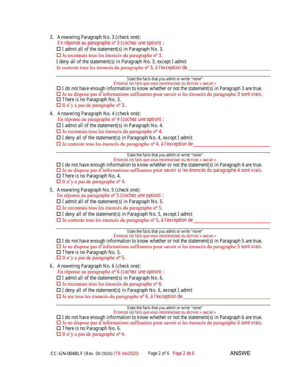 Form CC-GN-004BLF Answer to Petition for Guardianship of Alleged Disabled Person - Maryland (English / French), Page 2