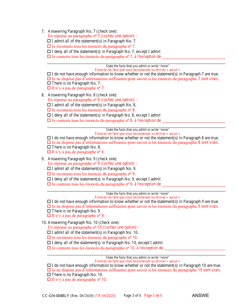 Form CC-GN-004BLF Answer to Petition for Guardianship of Alleged Disabled Person - Maryland (English / French), Page 3