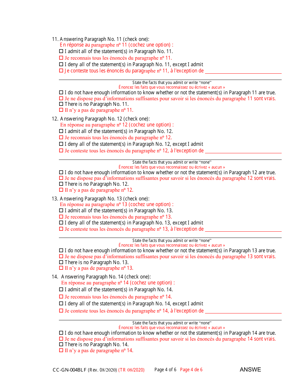 Form CC-GN-004BLF Answer to Petition for Guardianship of Alleged Disabled Person - Maryland (English / French), Page 4