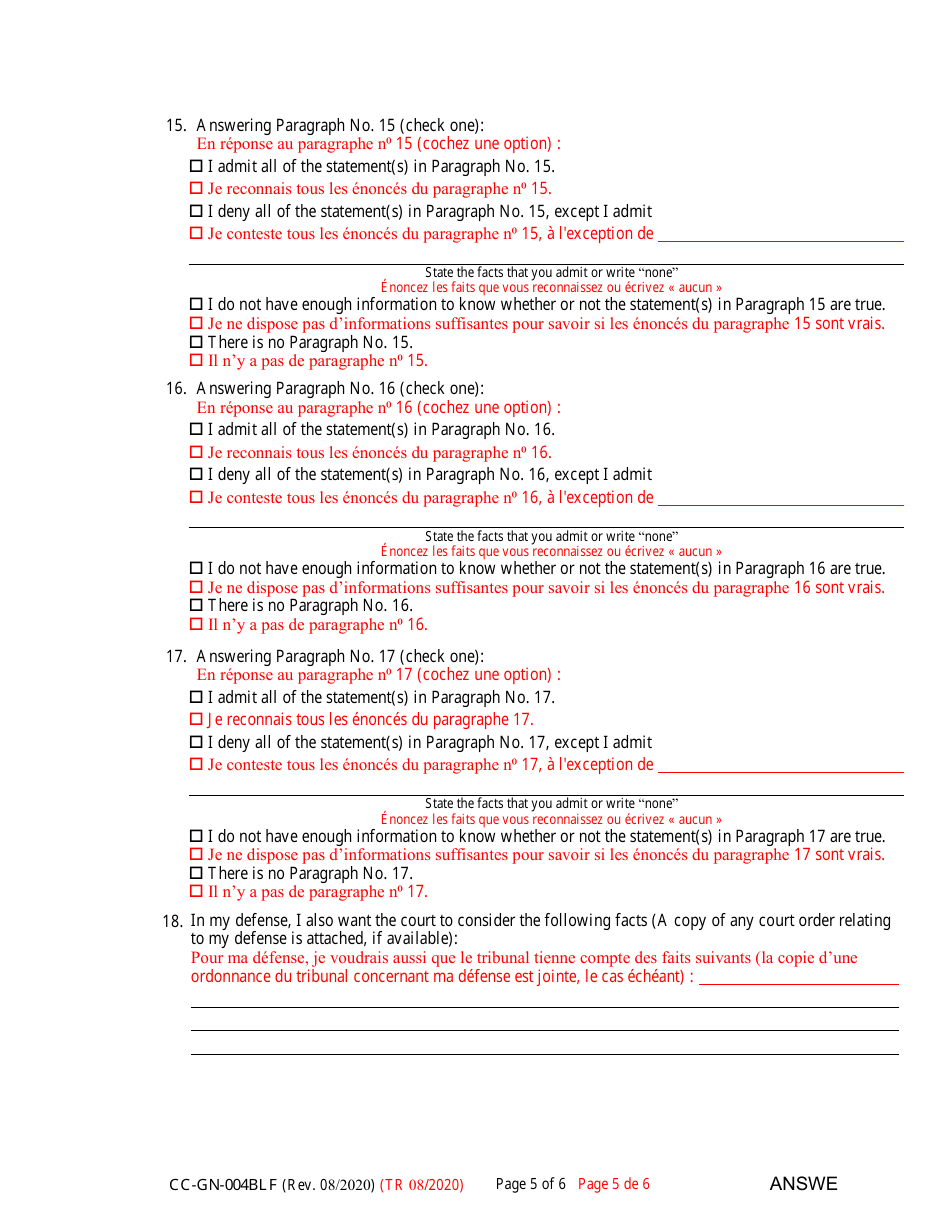 Form CC-GN-004BLF Answer to Petition for Guardianship of Alleged Disabled Person - Maryland (English / French), Page 5