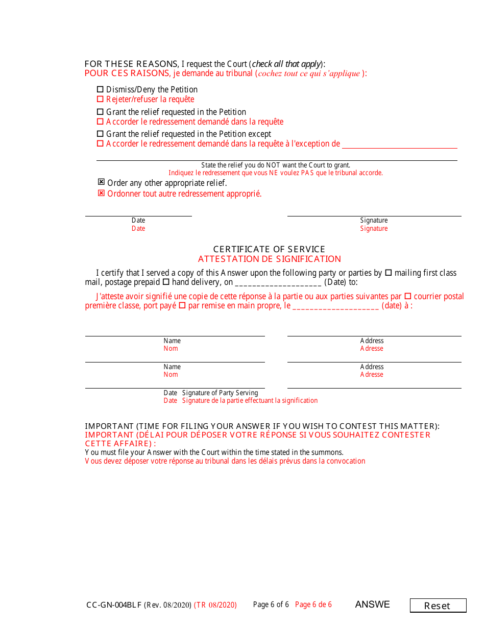 Form CC-GN-004BLF Answer to Petition for Guardianship of Alleged Disabled Person - Maryland (English / French), Page 6