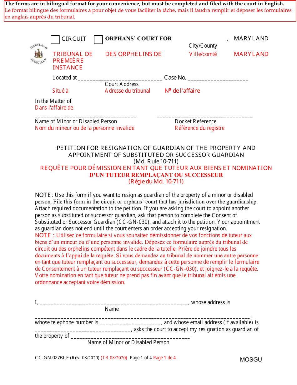 Form CC-GN-027BLF Petition for Resignation of Guardian of the Property and Appointment of Substituted or Successor Guardian - Maryland (English / French), Page 1