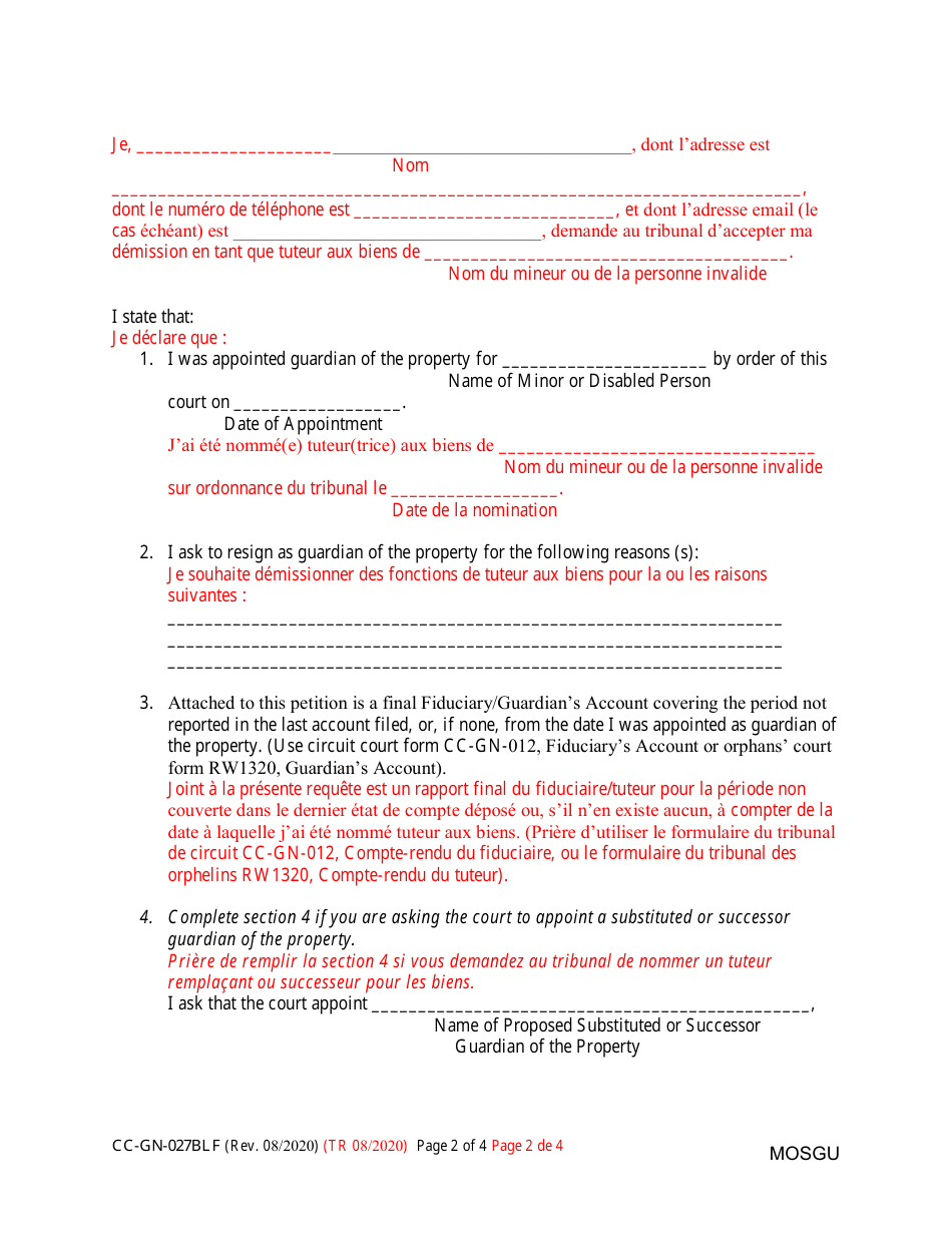 Form CC-GN-027BLF Petition for Resignation of Guardian of the Property and Appointment of Substituted or Successor Guardian - Maryland (English / French), Page 2