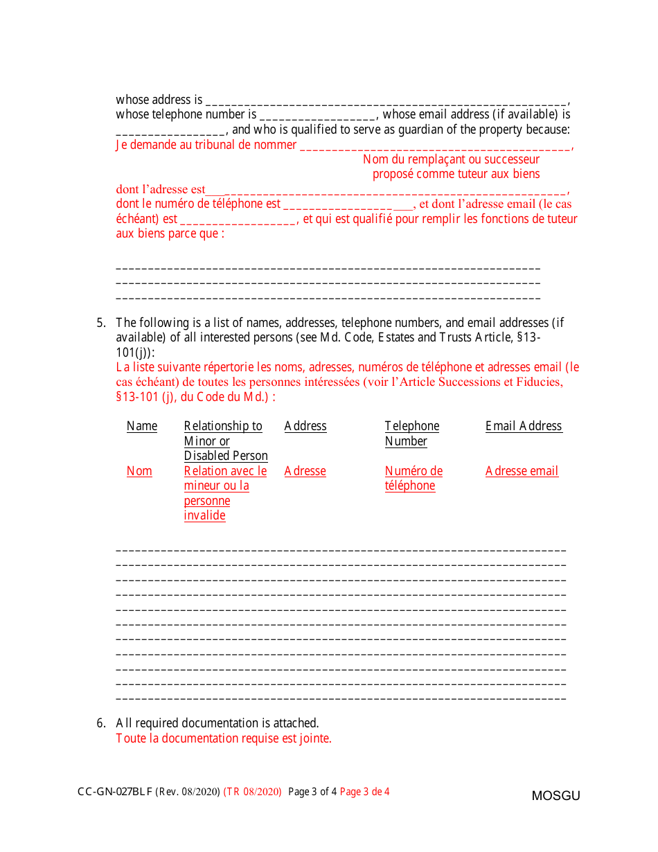 Form CC-GN-027BLF Petition for Resignation of Guardian of the Property and Appointment of Substituted or Successor Guardian - Maryland (English / French), Page 3