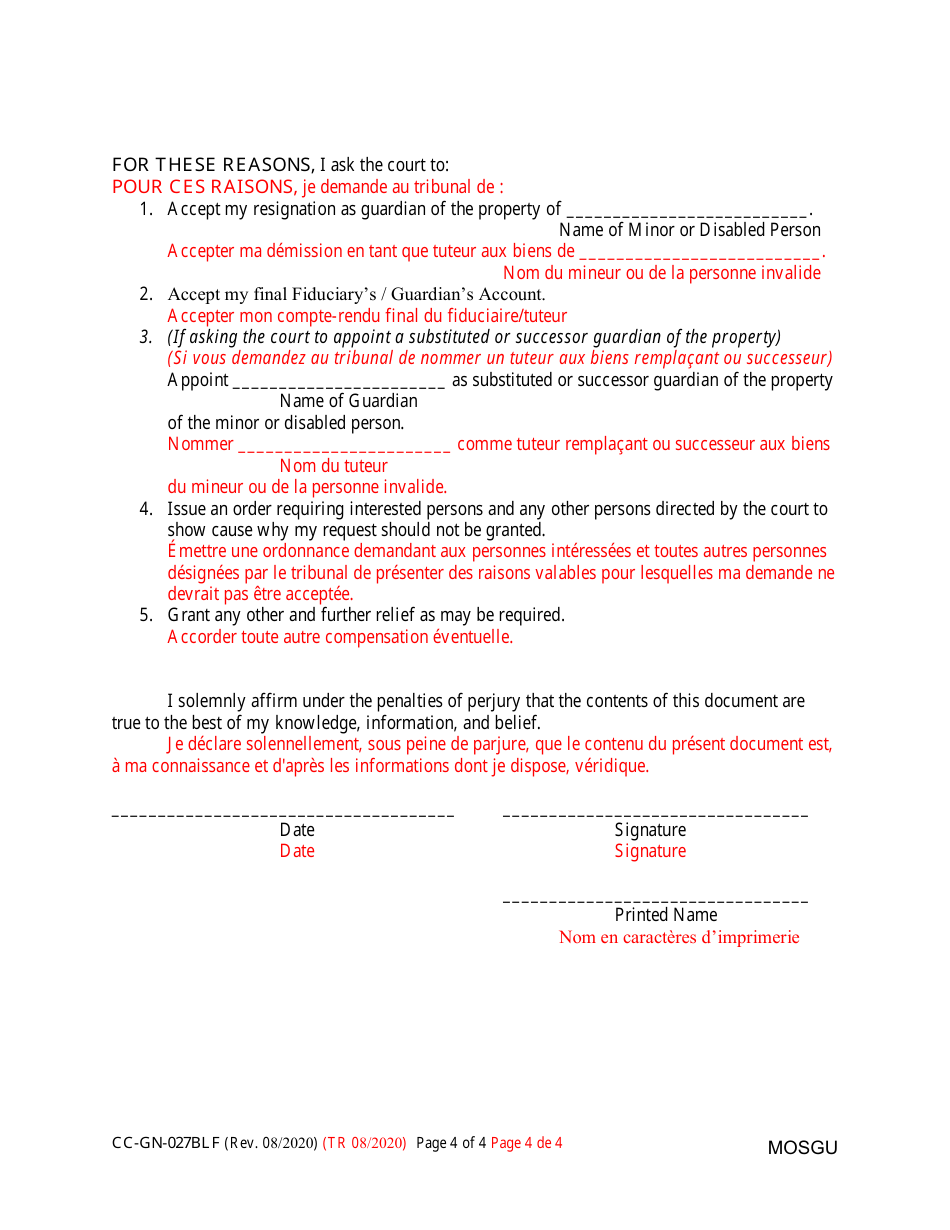 Form CC-GN-027BLF Petition for Resignation of Guardian of the Property and Appointment of Substituted or Successor Guardian - Maryland (English / French), Page 4