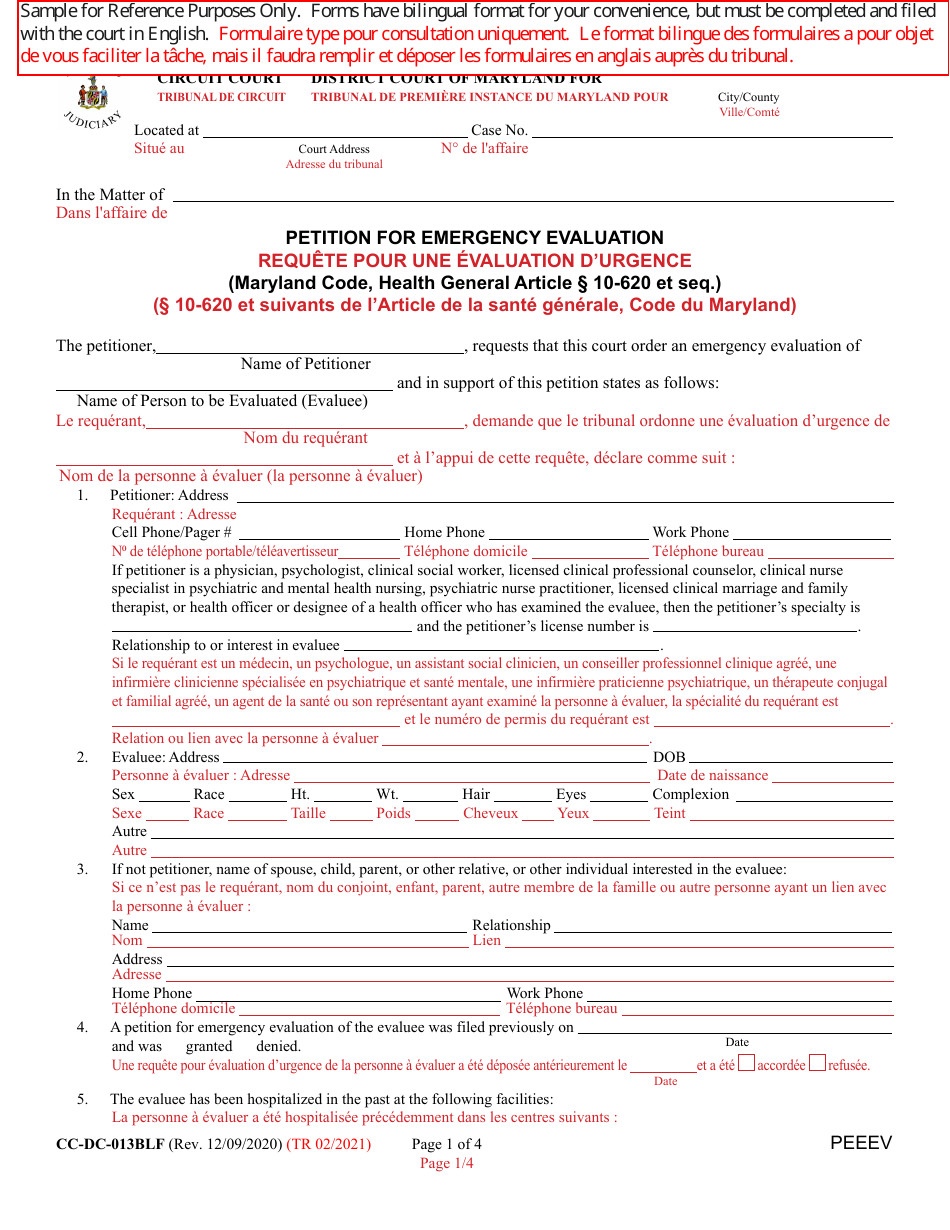 Form CC-DC-013BLF Petition for Emergency Evaluation - Maryland (English / French), Page 1