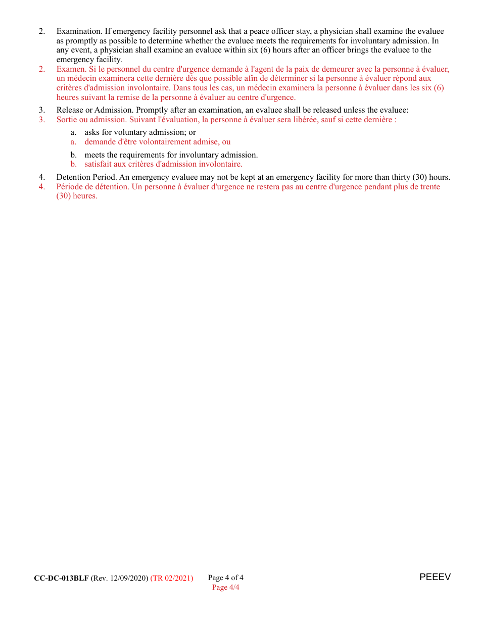 Form CC-DC-013BLF Petition for Emergency Evaluation - Maryland (English / French), Page 4