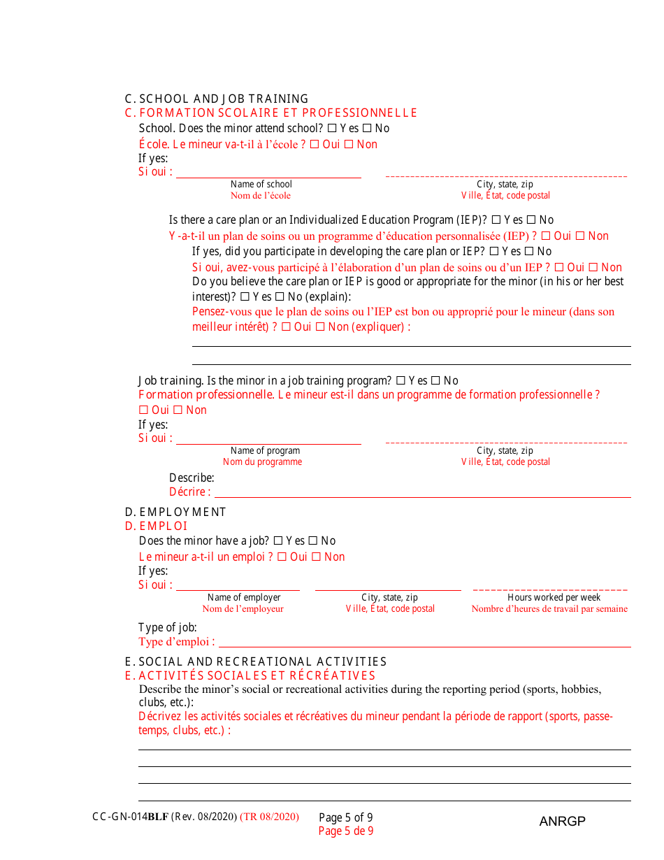 Form CC-GN-014BLF Annual Report of Guardian of a Minor - Maryland (English / French), Page 5