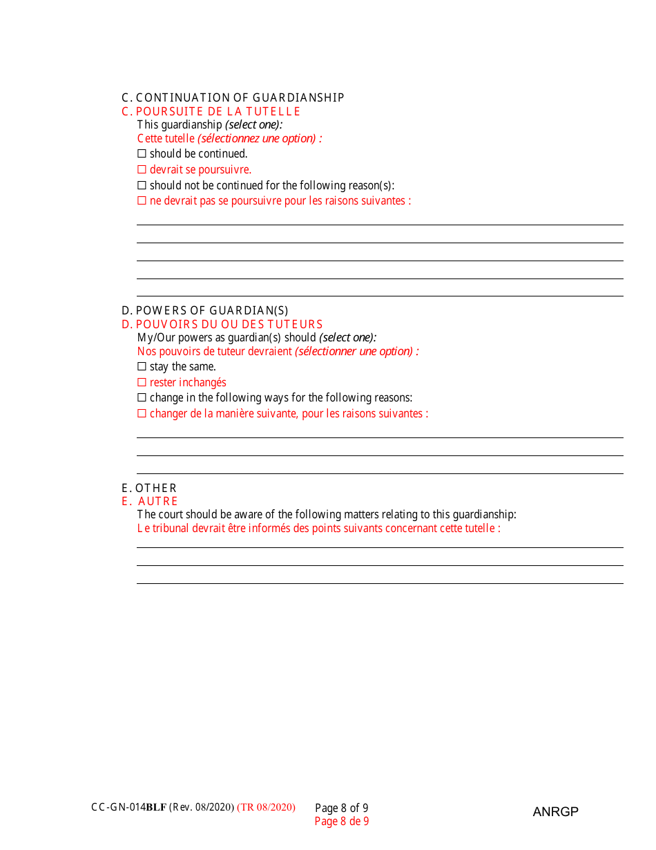 Form CC-GN-014BLF Annual Report of Guardian of a Minor - Maryland (English / French), Page 8