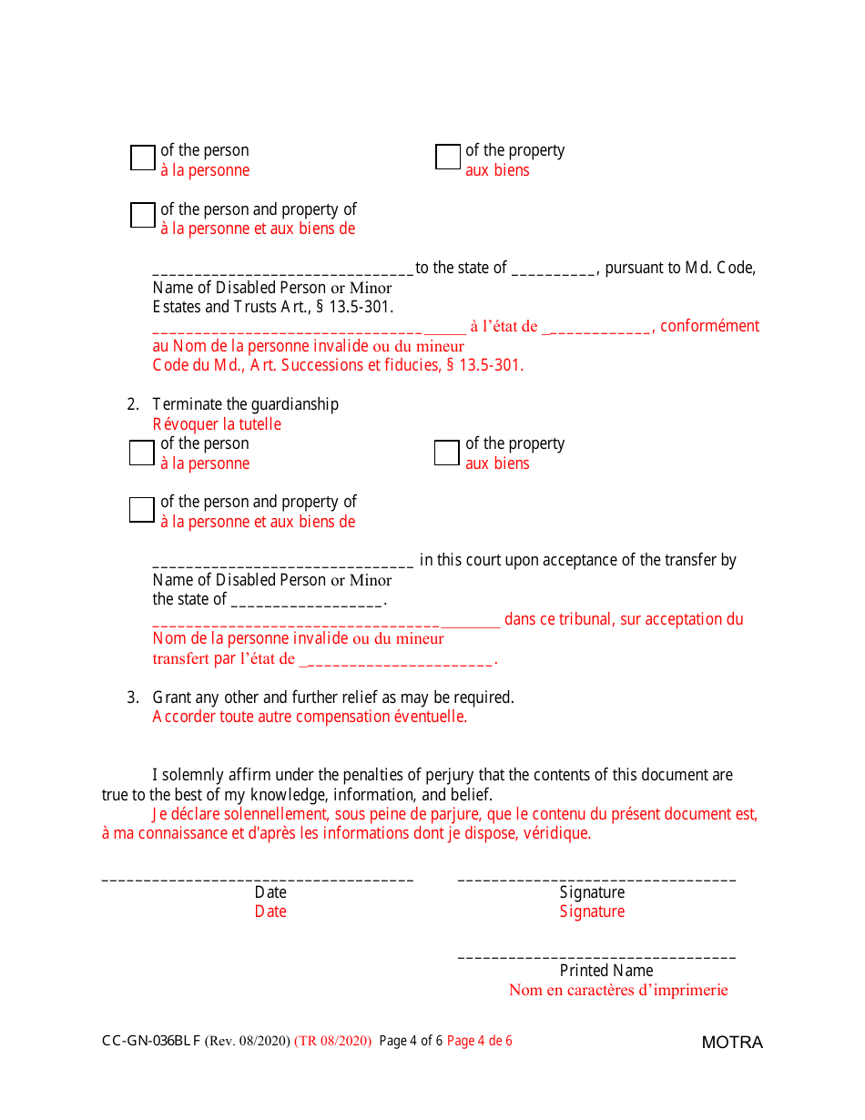 Form CC-GN-036BLF Petition to Transfer Guardianship to Another State - Maryland (English / French), Page 4