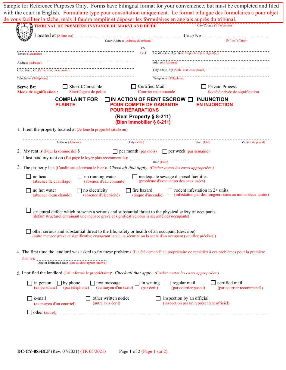 Form DC-CV-083BLF Complaint for in Action of Rent Escrow / Injunction - Maryland (English / French), Page 1