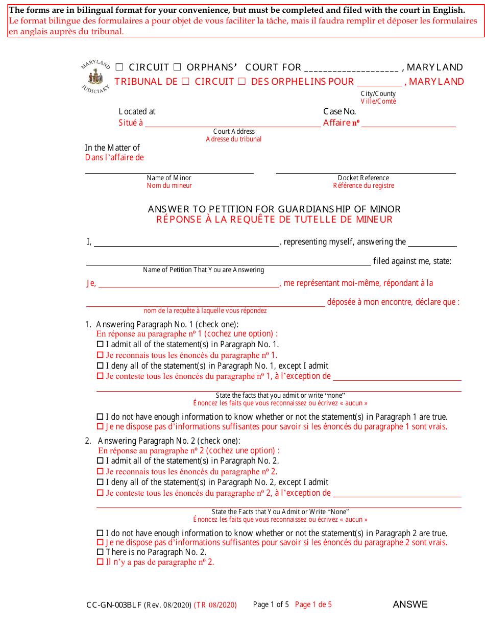 Form CC-GN-003BLF Answer to Petition for Guardianship of Minor - Maryland (English / French), Page 1