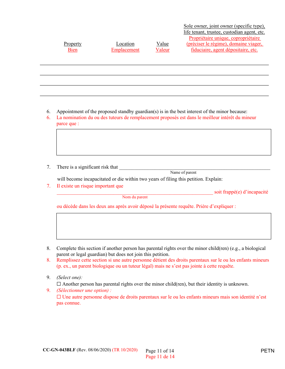 Form CC-GN-043BLF Petition by Parent (Appointment of Standby Guardian) - Maryland (English / French), Page 11
