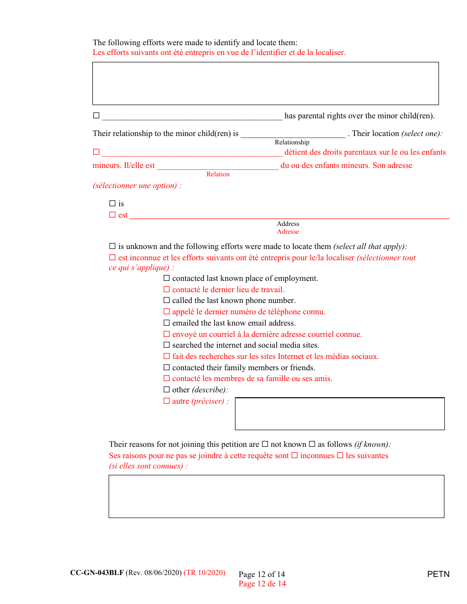 Form CC-GN-043BLF Petition by Parent (Appointment of Standby Guardian) - Maryland (English / French), Page 12