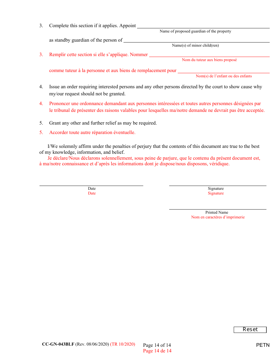Form CC-GN-043BLF Petition by Parent (Appointment of Standby Guardian) - Maryland (English / French), Page 14