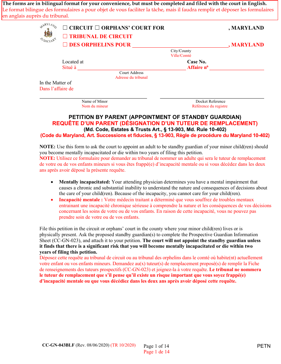 Form CC-GN-043BLF Petition by Parent (Appointment of Standby Guardian) - Maryland (English / French), Page 1
