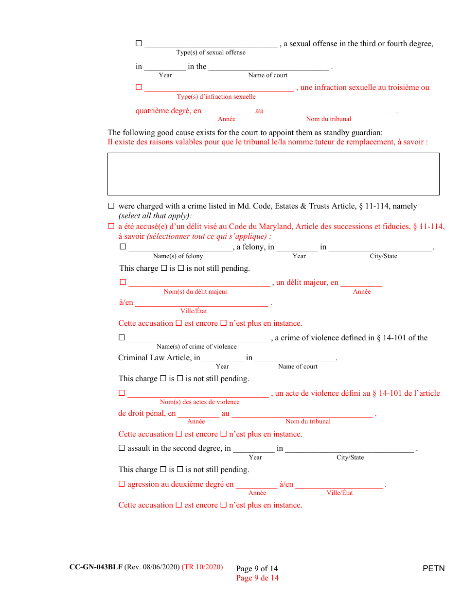 Form CC-GN-043BLF Petition by Parent (Appointment of Standby Guardian) - Maryland (English / French), Page 9