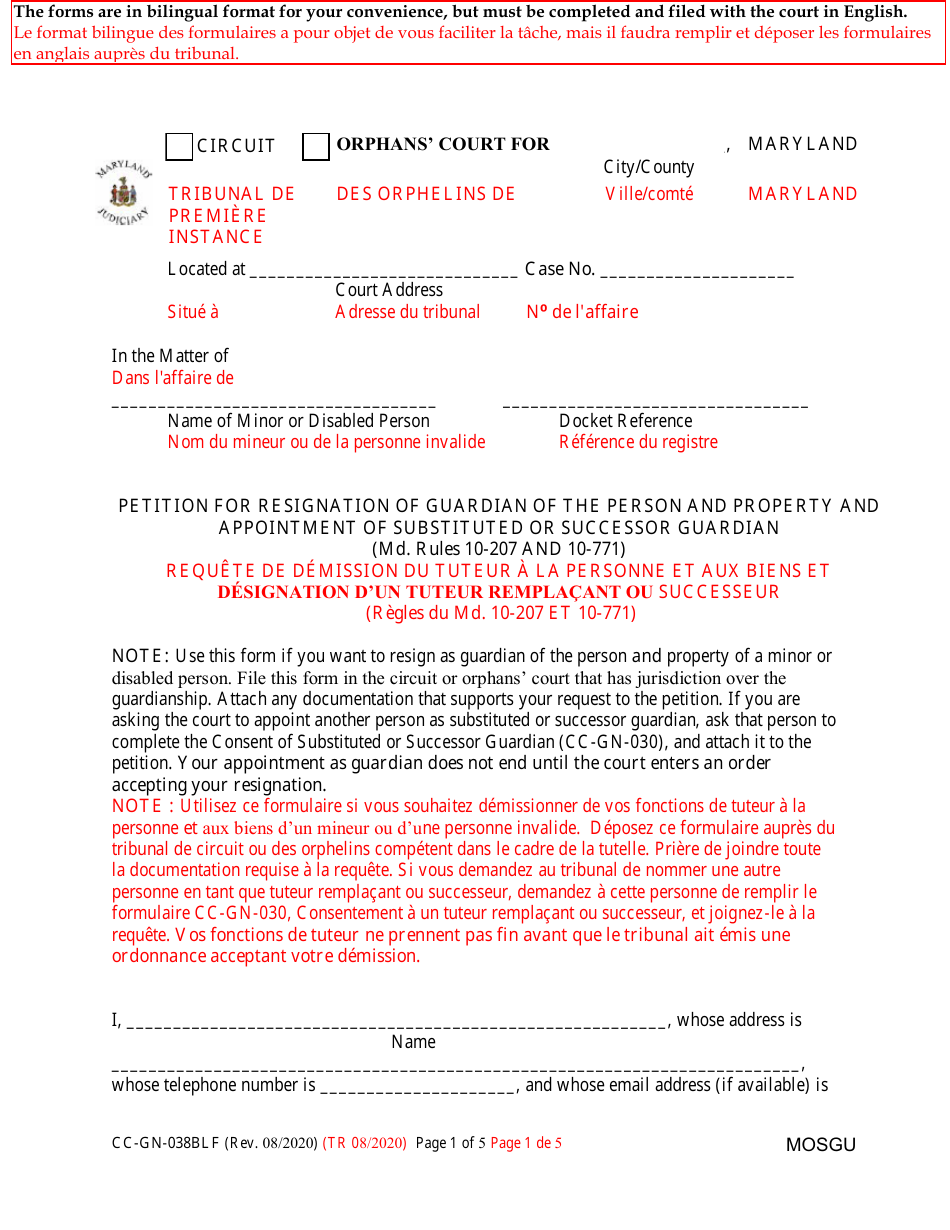 Form CC-GN-038BLF Petition for Resignation of Guardian of the Person and Property and Appointment of Substituted or Successor Guardian - Maryland (English / French), Page 1