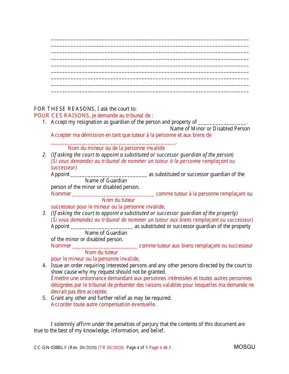 Form CC-GN-038BLF Petition for Resignation of Guardian of the Person and Property and Appointment of Substituted or Successor Guardian - Maryland (English / French), Page 4