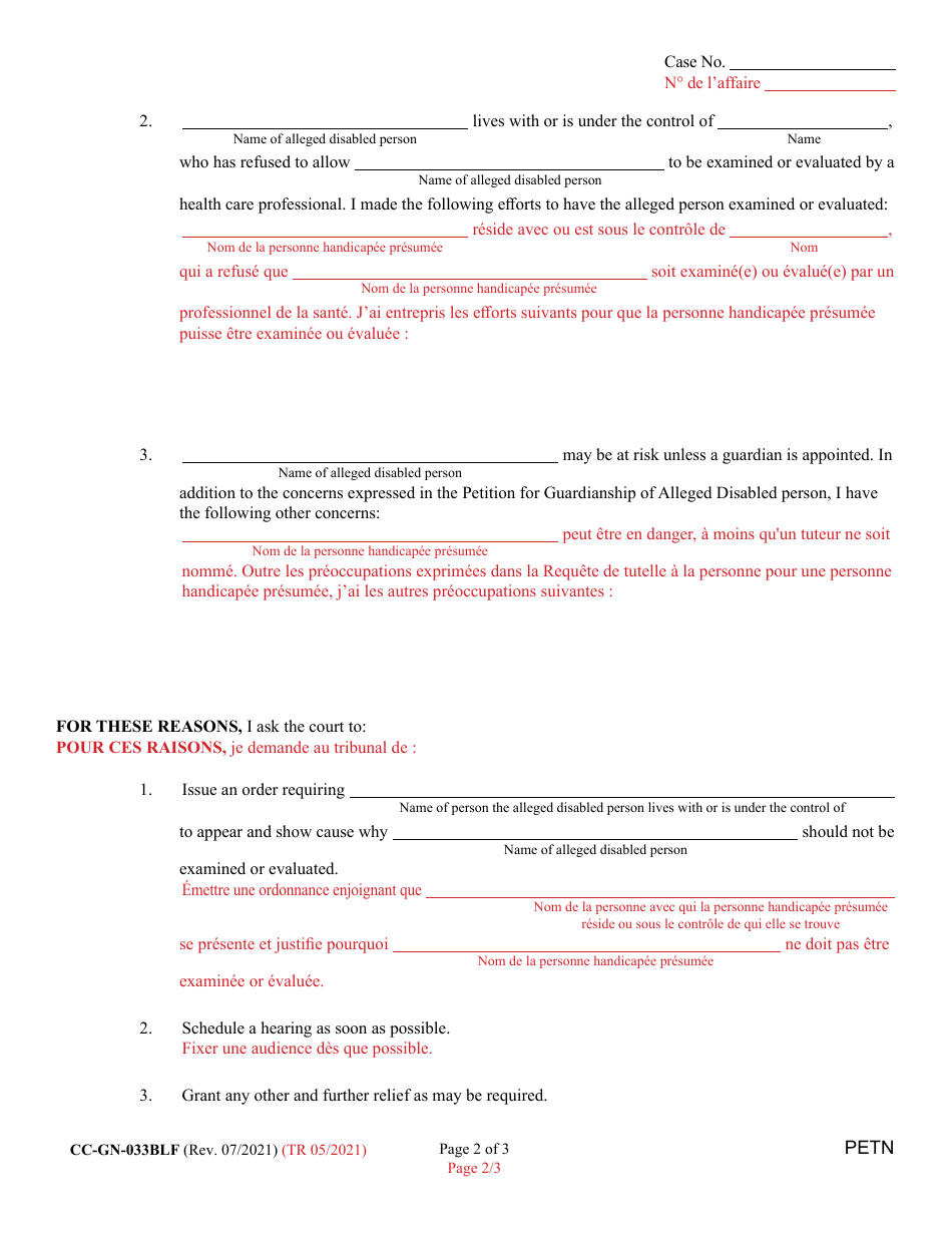 Form CC-GN-033BLF Petition for Appointment of Health Care Professionals - Maryland (English / French), Page 2