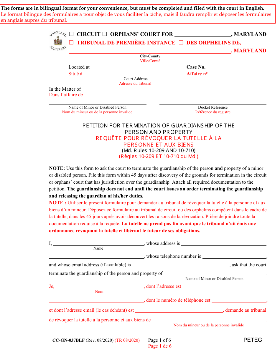 Form CC-GN-037BLF Petition for Termination of Guardianship of the Person and Property - Maryland (English / French), Page 1