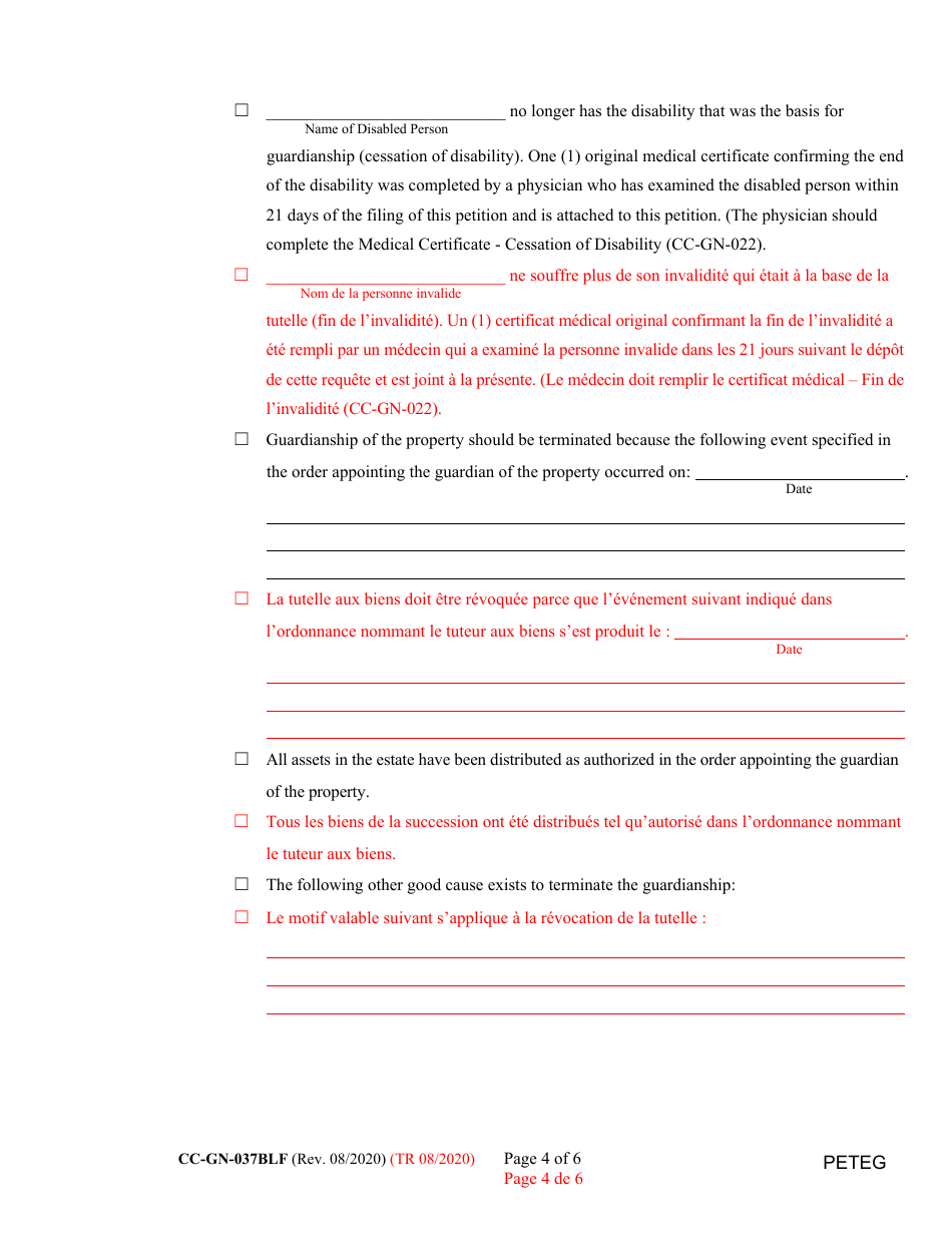 Form CC-GN-037BLF Petition for Termination of Guardianship of the Person and Property - Maryland (English / French), Page 4