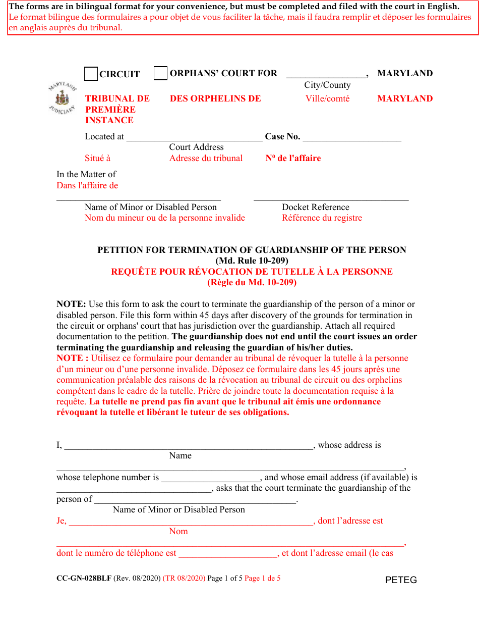 Form CC-GN-028BLF Petition for Termination of Guardianship of the Person - Maryland (English / French), Page 1