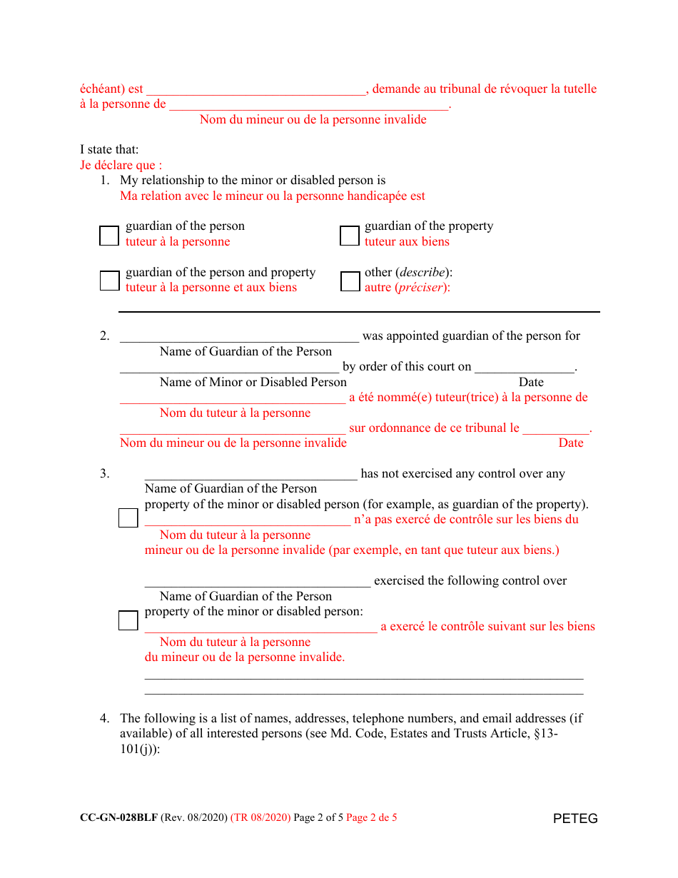 Form CC-GN-028BLF Petition for Termination of Guardianship of the Person - Maryland (English / French), Page 2