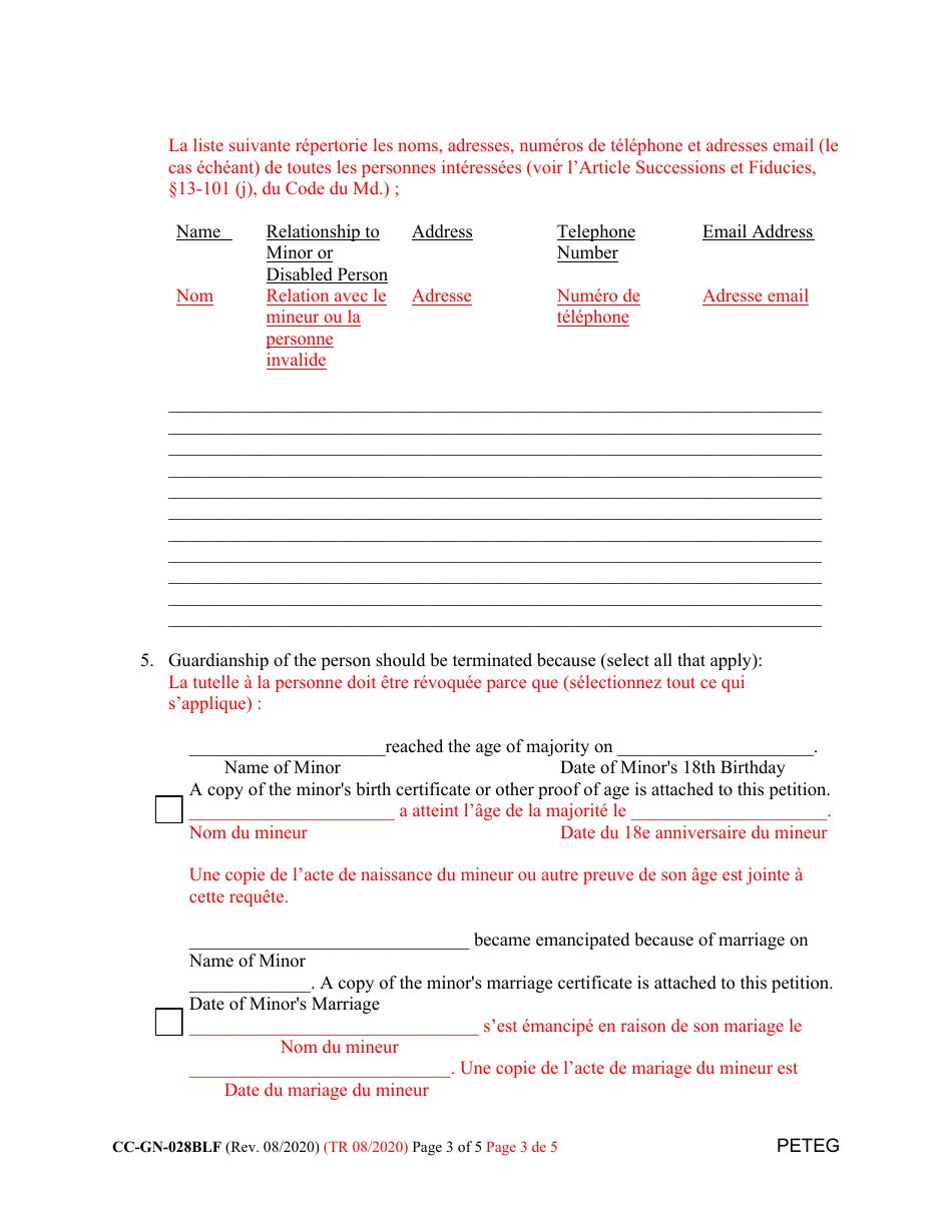 Form CC-GN-028BLF Petition for Termination of Guardianship of the Person - Maryland (English / French), Page 3