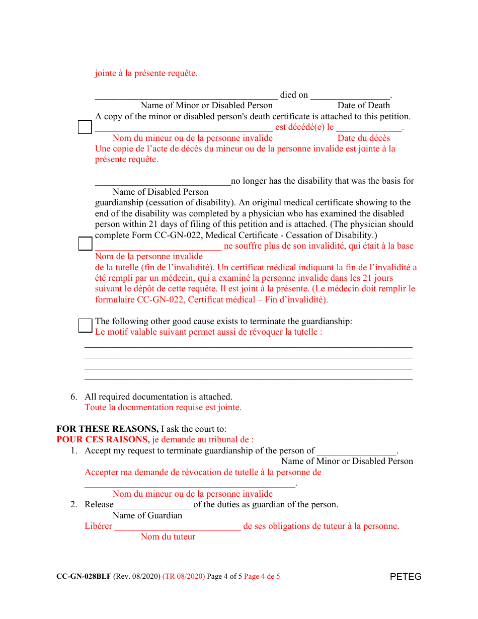 Form CC-GN-028BLF Petition for Termination of Guardianship of the Person - Maryland (English / French), Page 4
