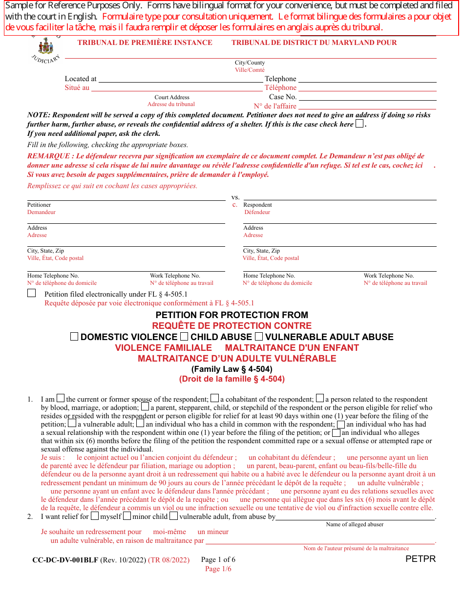 Form CC-DC-DV-001BLF Petition for Protection From Domestic Violence / Child Abuse / Vulnerable Adult Abuse - Maryland (English / French), Page 1