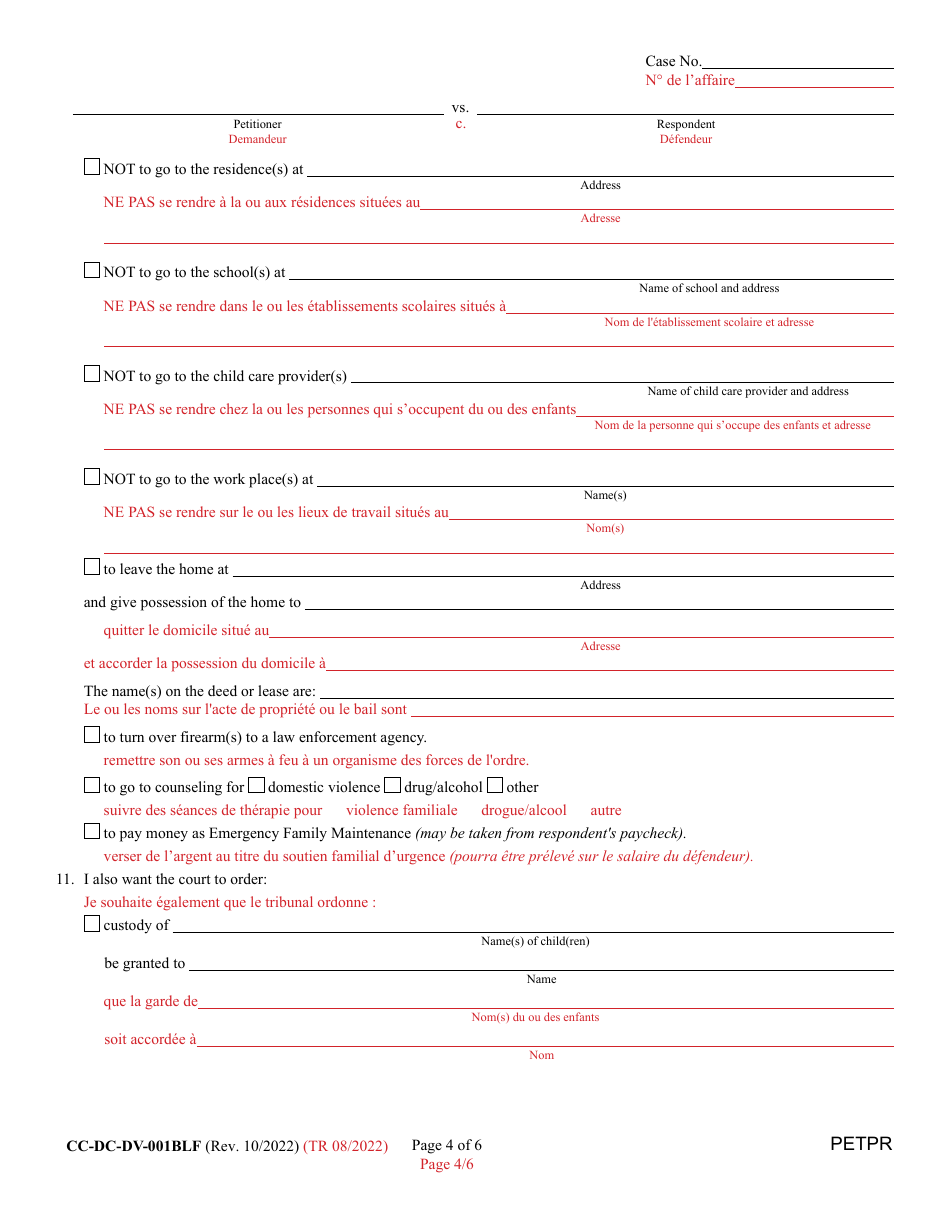 Form CC-DC-DV-001BLF Petition for Protection From Domestic Violence / Child Abuse / Vulnerable Adult Abuse - Maryland (English / French), Page 4