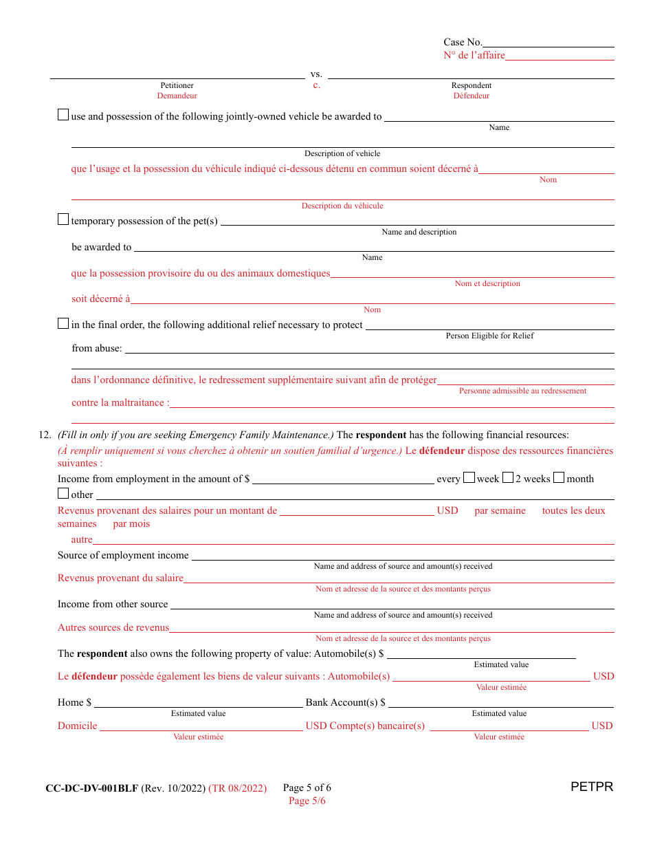 Form CC-DC-DV-001BLF Petition for Protection From Domestic Violence / Child Abuse / Vulnerable Adult Abuse - Maryland (English / French), Page 5