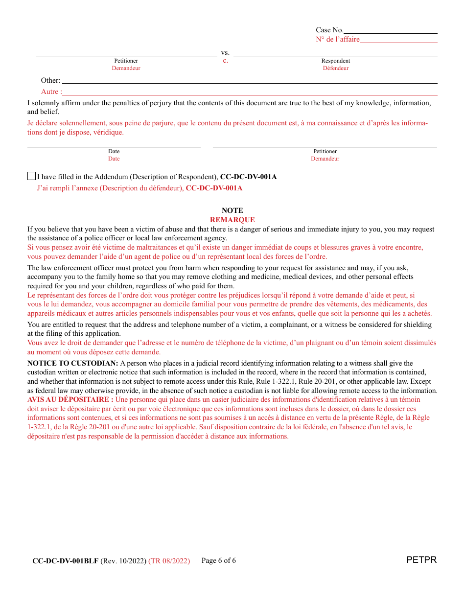 Form CC-DC-DV-001BLF Petition for Protection From Domestic Violence / Child Abuse / Vulnerable Adult Abuse - Maryland (English / French), Page 6